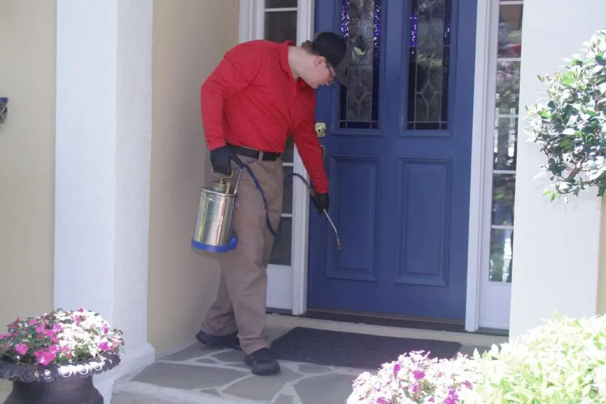 Professional pest control technician spraying insecticide at a home's blue front door during daytime.