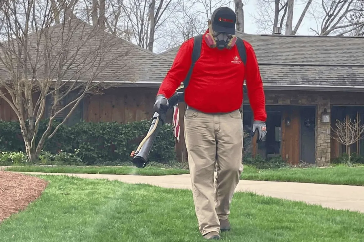 Worker in red shirt and mask using blower to clean green lawn in front of house with trees and pathway
