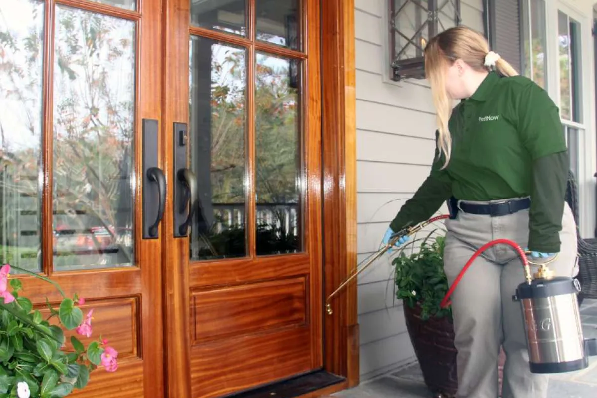 Technician in green shirt applying pest control spray near wooden front door with plants around.