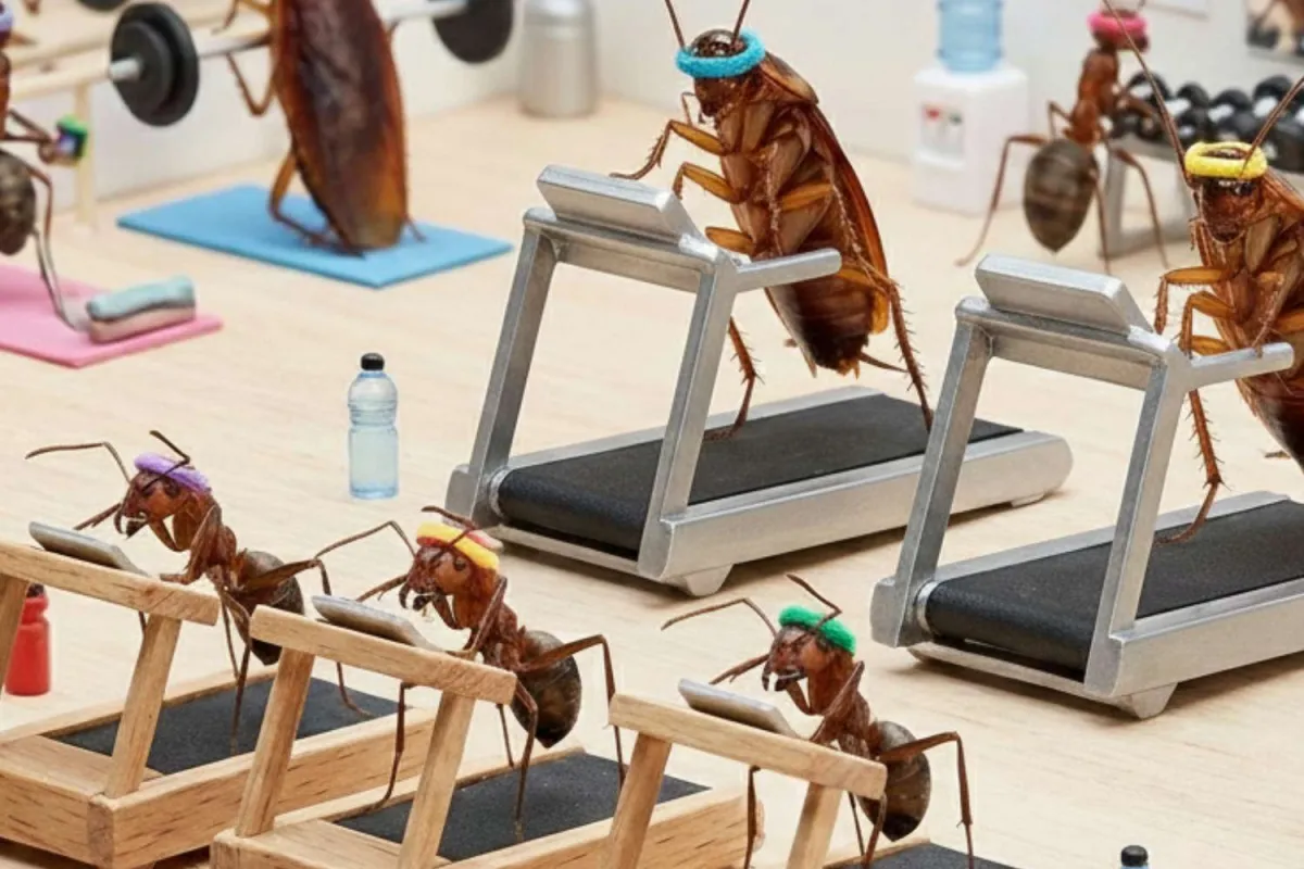 Ants and cockroaches wearing headbands exercising on mini treadmills and lifting weights in a gym.