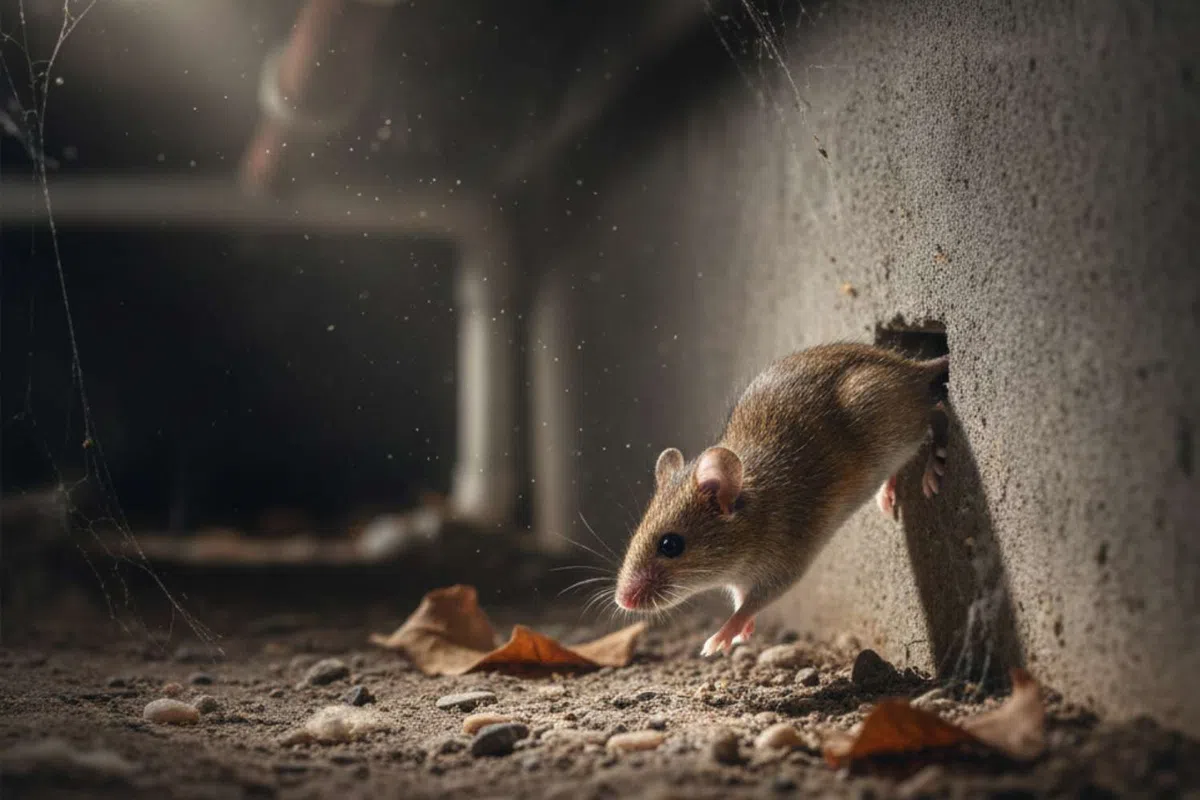 Small brown mouse emerging from a hole in a concrete wall inside a dimly lit, dusty space with cobwebs.