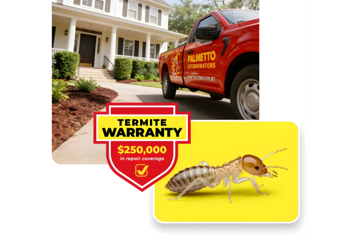 Red Palmetto Exterminators truck parked outside a home with termite warranty badge and termite insect close-up.