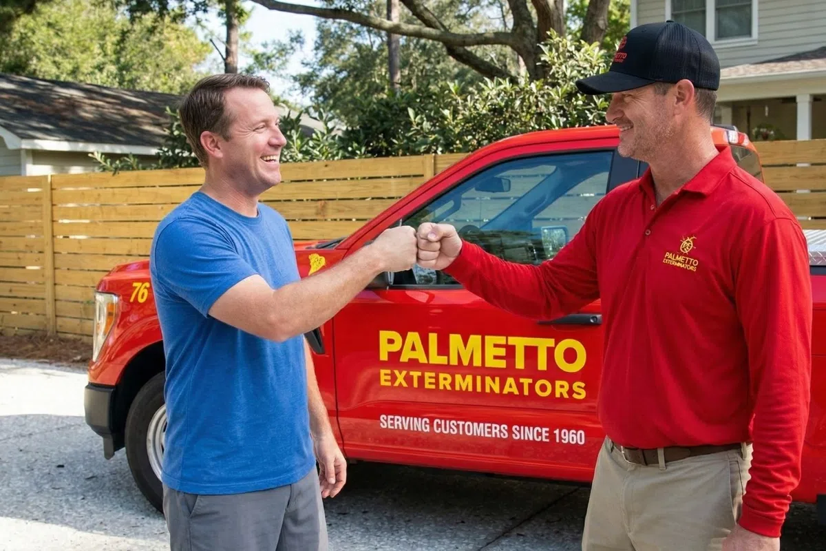 Customer and exterminator fist bump in front of a red Palmetto Exterminators service truck outside a Buford home.