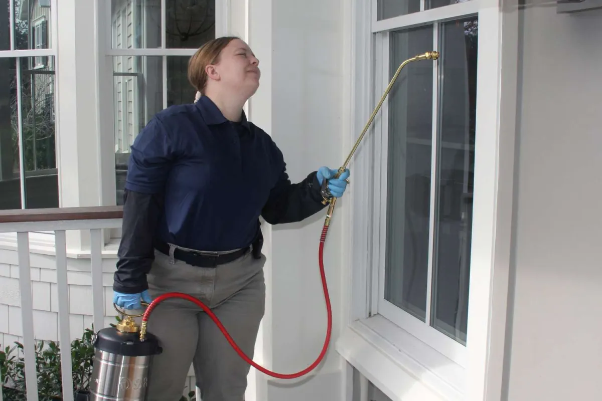 Pest control worker spraying insecticide on a house exterior window wearing gloves and uniform.
