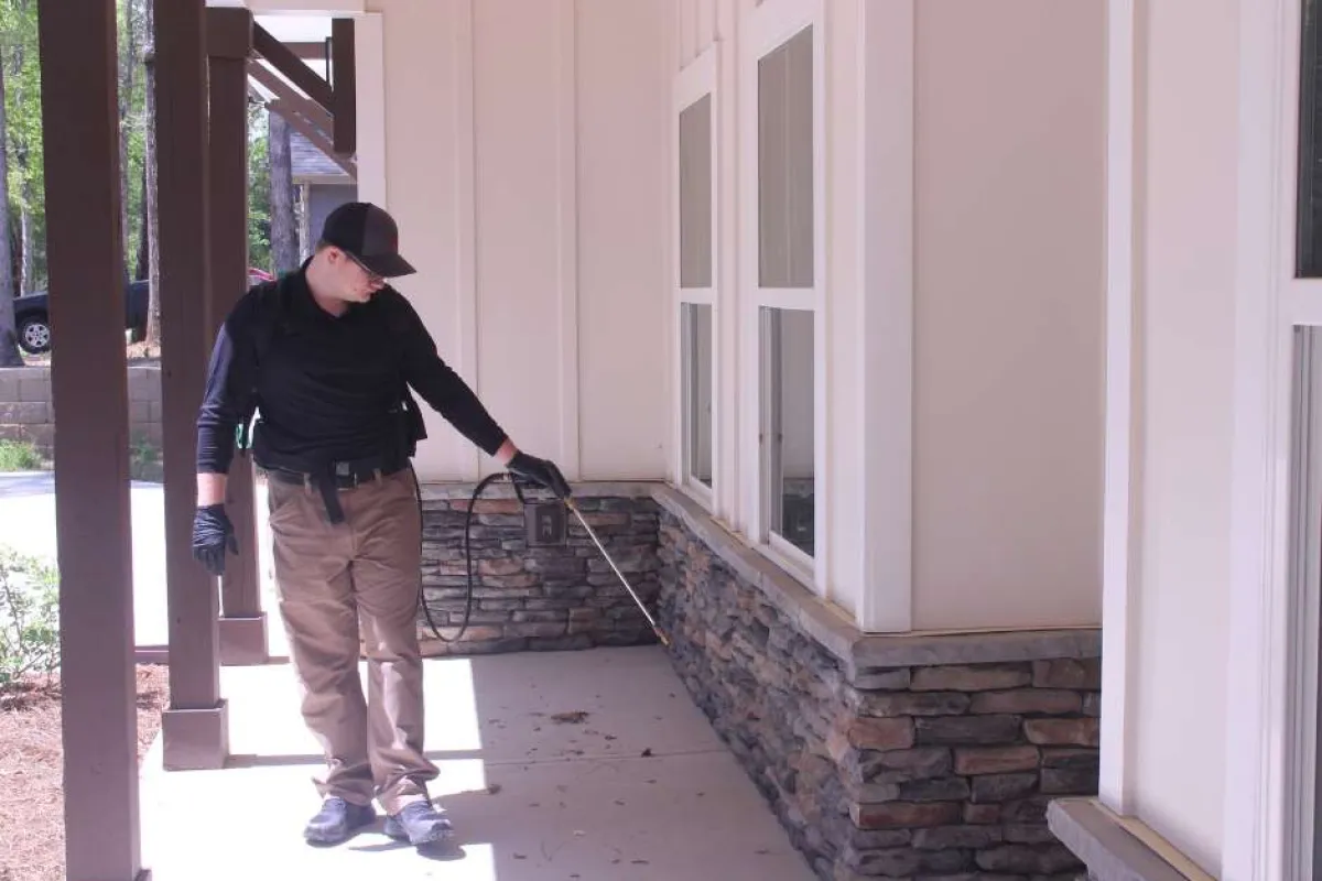 Pest control technician spraying insecticide along house exterior stone wall and porch area under sunlight.