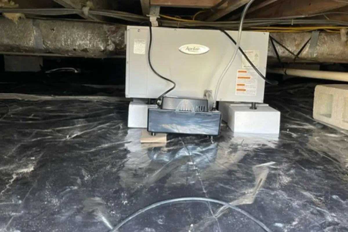 Crawl space with dehumidifier system installed on concrete blocks over black vapor barrier plastic covering the ground.