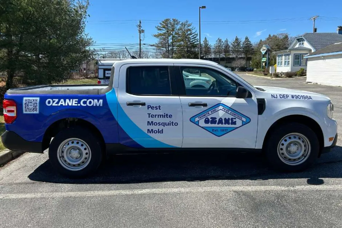 White and blue Ozane pest control truck parked outside with services listed and website visible.