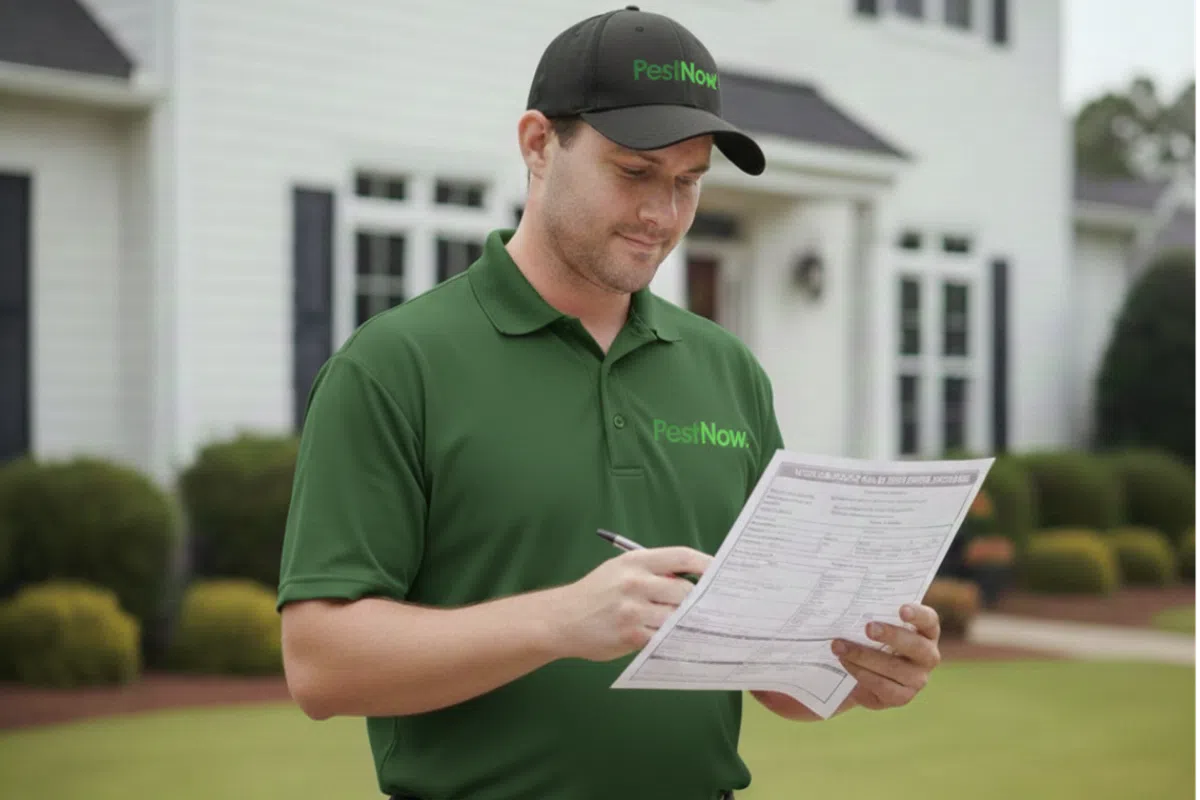 Pest control technician in green PestNow uniform filling out a form outside a residential house.