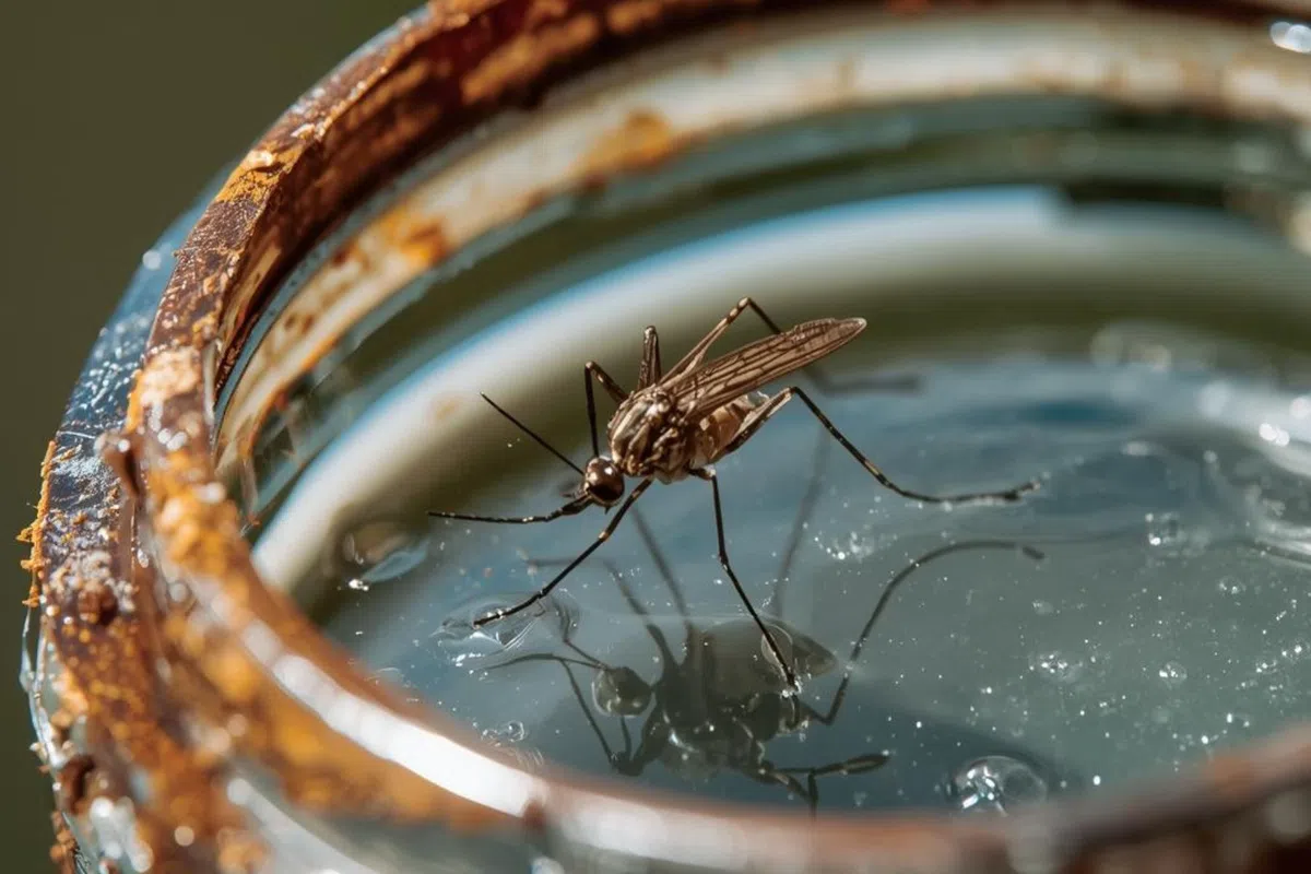 Close-up of a mosquito standing on still water inside a rusty metal container reflecting its shadow.