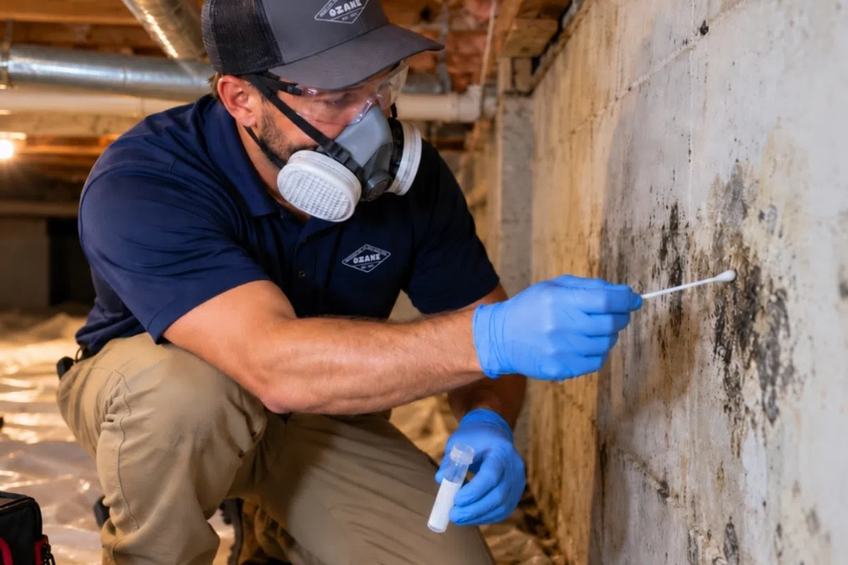 Technician in protective gear inspecting mold on basement wall and collecting a sample for testing.