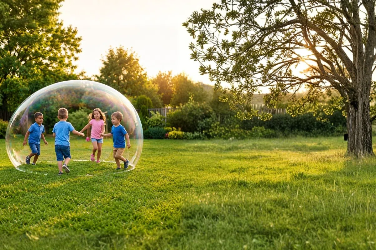 Four children playing inside a large transparent bubble on green grass during a sunny evening.
