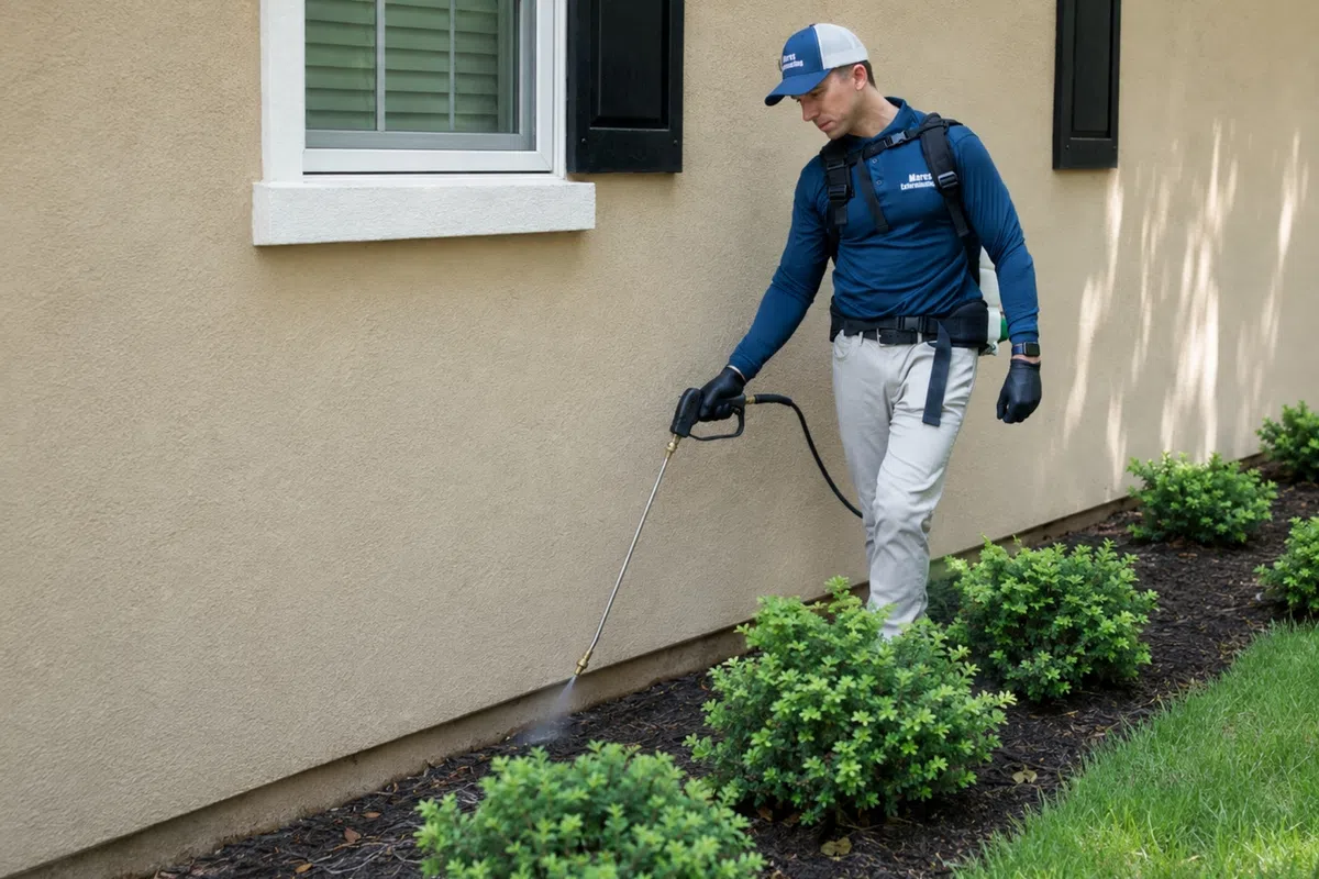 Technician in uniform spraying pesticide along house foundation and garden shrubs for pest control.
