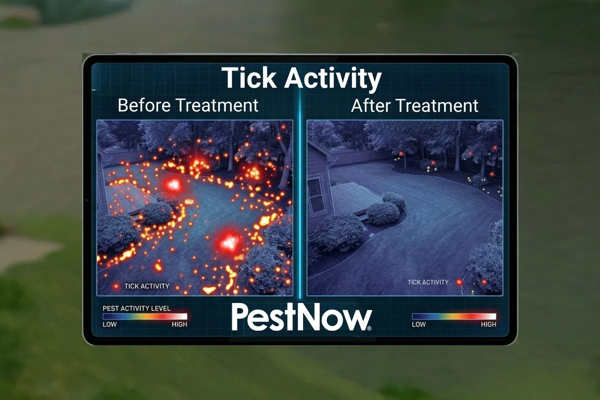 Comparison of tick activity in a yard before and after PestNow treatment showing significant reduction in heat map intensity.