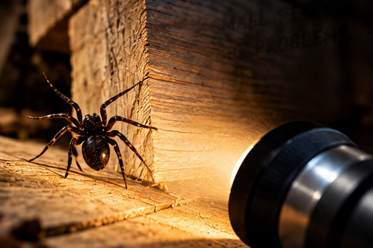 Close-up of a black spider illuminated by a flashlight on a wooden surface with dark background.