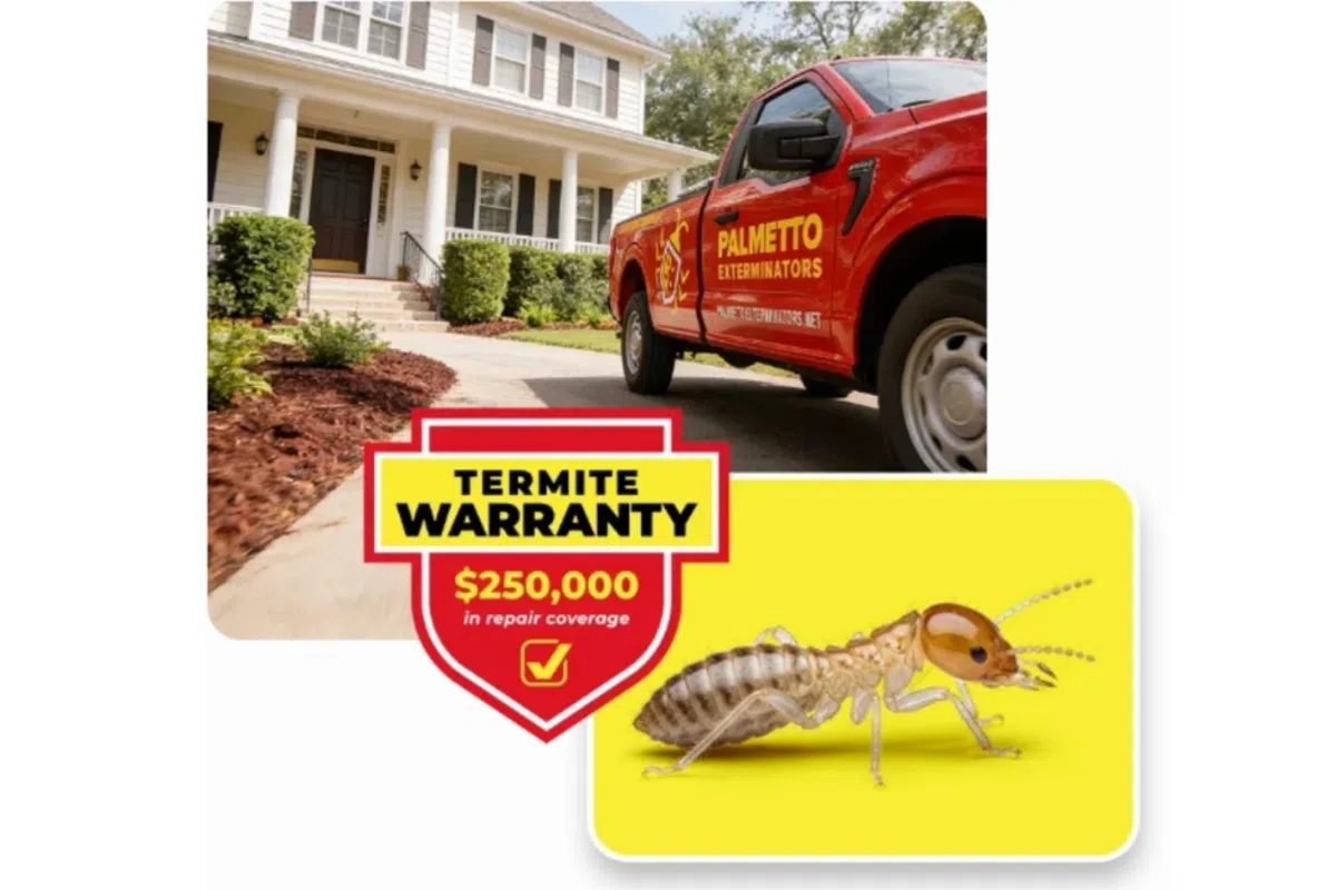 Palmetto Exterminators truck parked outside a home with termite warranty offer and termite image.