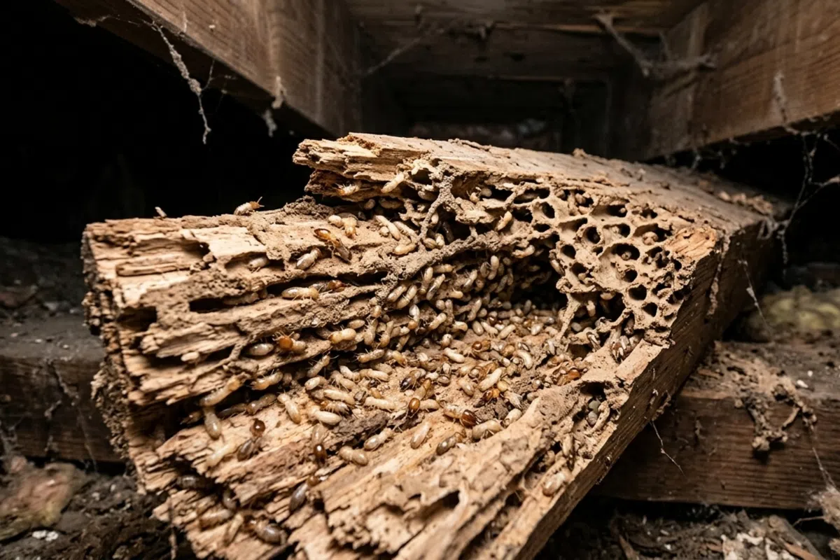 Close-up of termite-infested wood showing damaged timber and numerous termites inside a dark space.