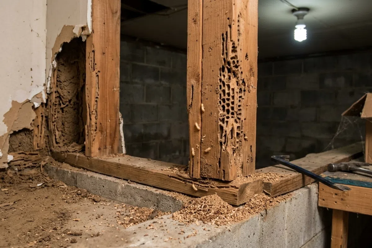 Termite damage on wooden frame inside basement with tools on a workbench and a single light bulb above