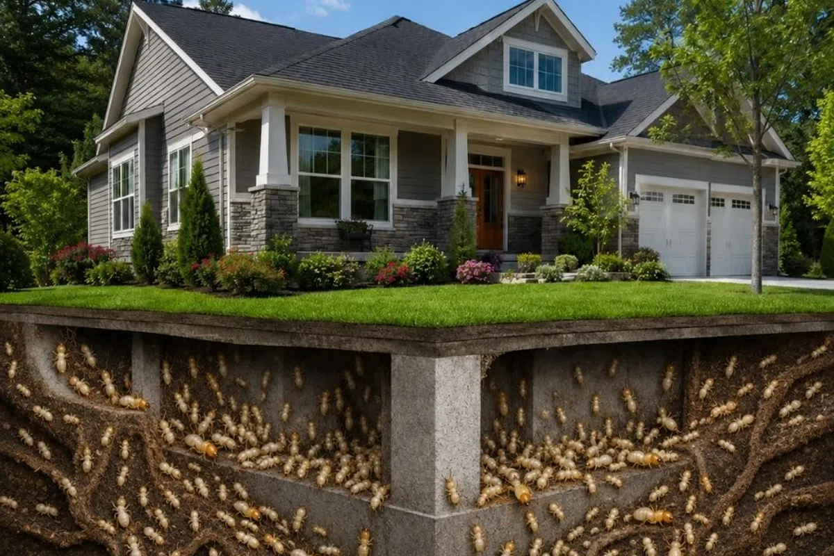 Modern house with green lawn above ground, termite infestation tunnels visible beneath concrete foundation.