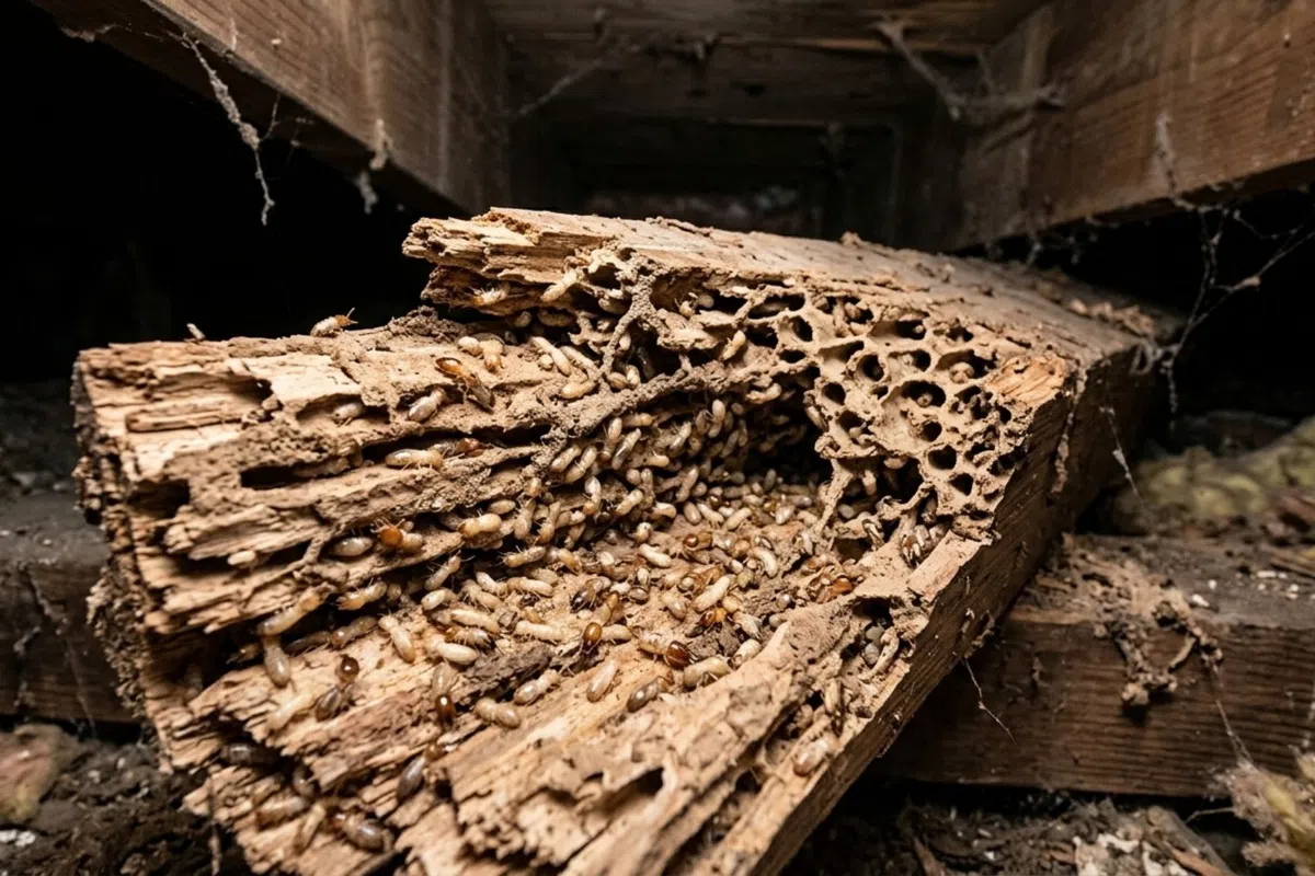 Close-up of a wooden beam severely damaged by termites inside a dark attic space in a Murrayville home.