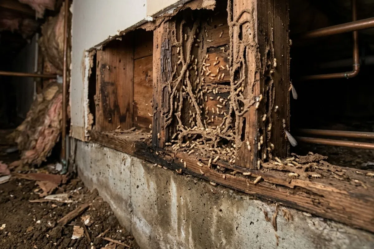 Close-up of termite-damaged wooden frame with visible termites and mud tubes in a Gainesville home's foundation area.