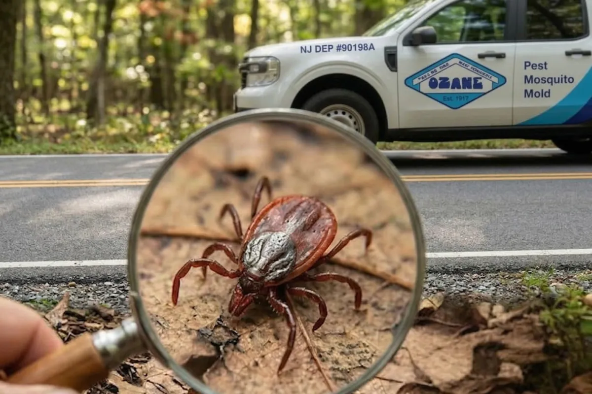 Close-up of a tick on the ground viewed through a magnifying glass with a pest control truck in background.