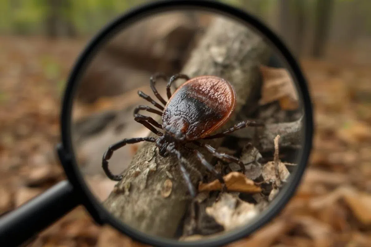 Close-up of a tick on a tree branch magnified by a black magnifying glass in a forest setting.