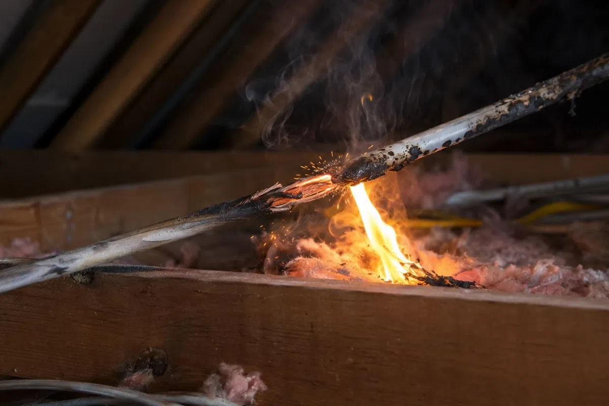 Electrical wire sparking and catching fire in attic insulation, indicating a fire hazard.