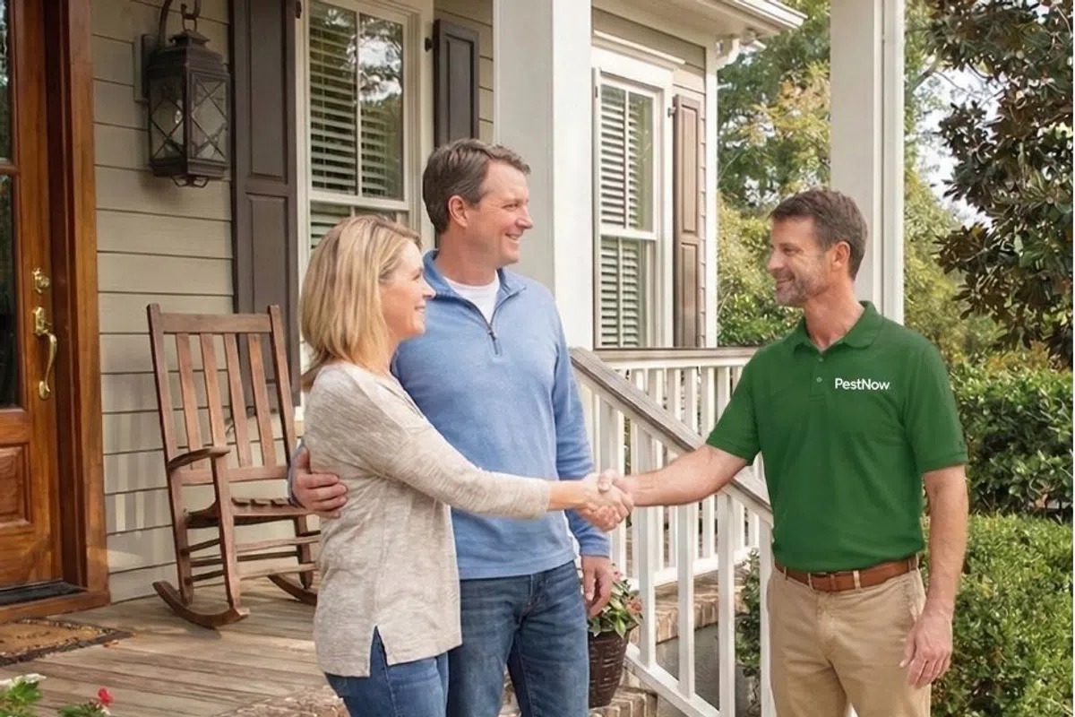 Pest control technician shaking hands with a smiling couple on their home porch during a service visit.