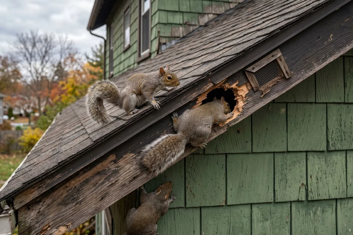 Three squirrels climbing and entering a hole in the weathered roof of a green wooden house in autumn.