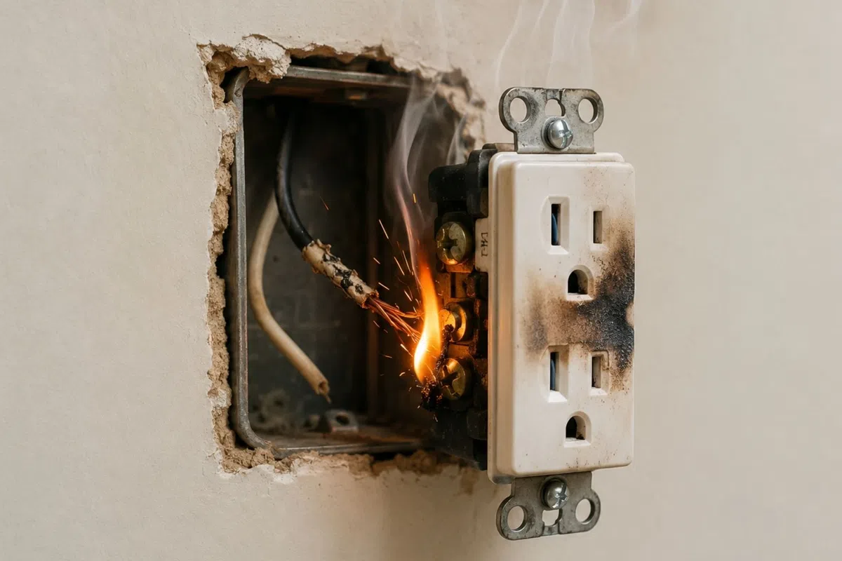Electrical outlet sparking and smoking with visible burn marks and exposed wiring inside a damaged wall.