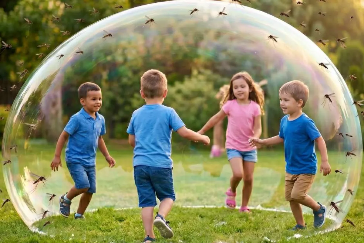 Four children playing inside a giant bubble outdoors with grass and trees in the background on a sunny day.