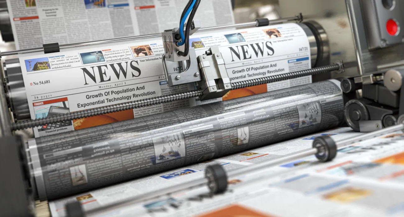 Modern printing press producing newspapers with headlines about technology and population growth.