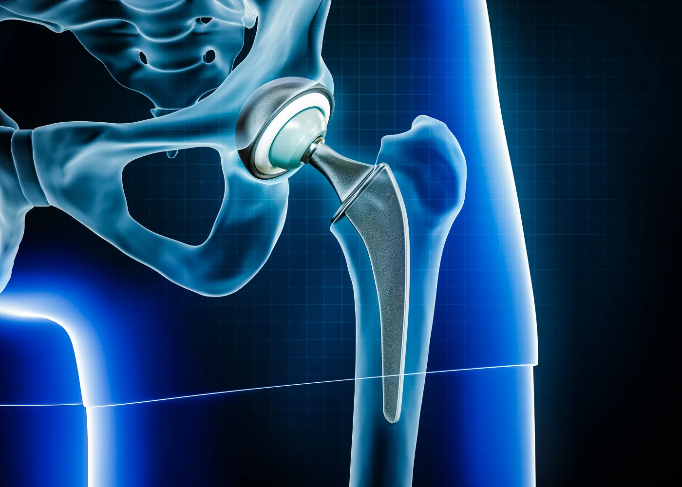3D illustration of a hip joint replacement showing prosthetic implant and surrounding anatomy details.