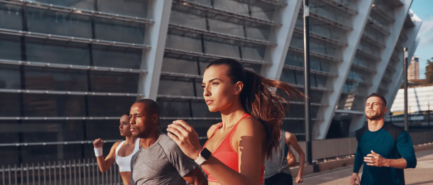 a group of people running