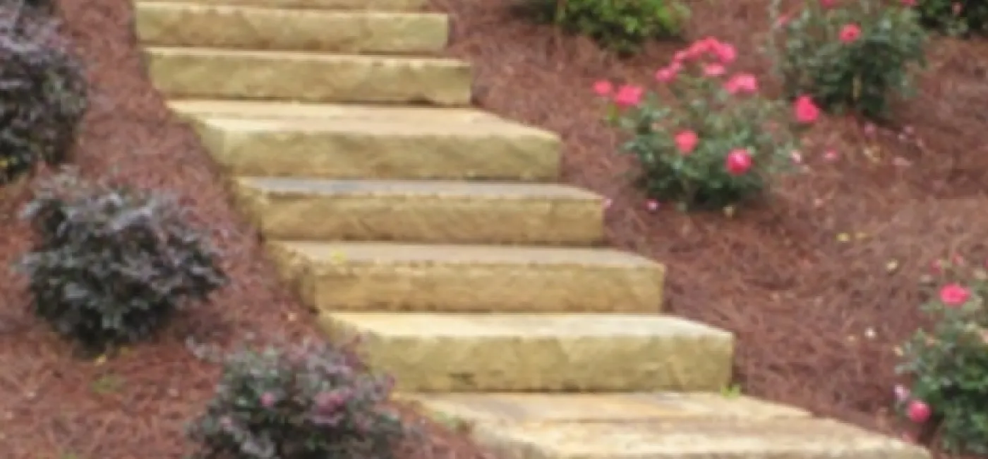 Brown stone step treads in landscape