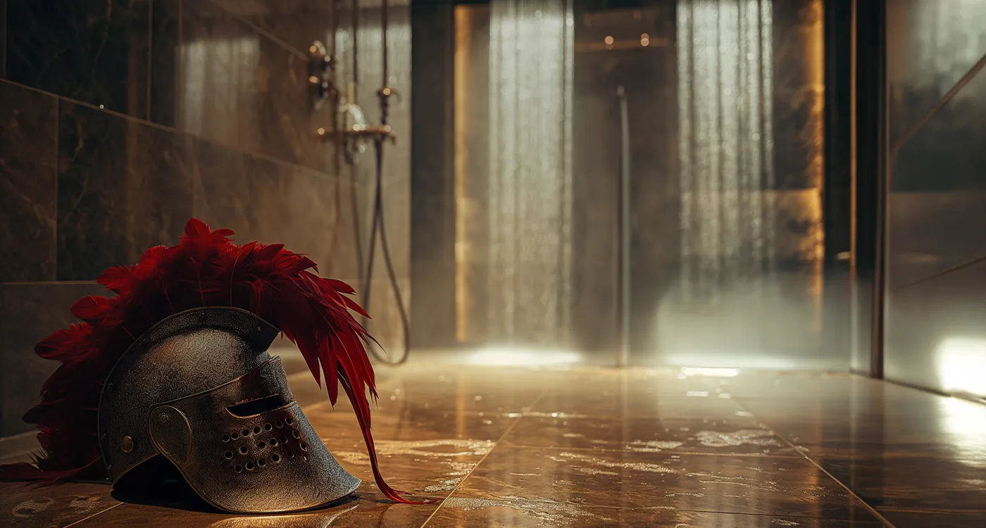 Medieval knight's helmet with red plume resting on polished marble floor in a dimly lit room with shower fixtures.