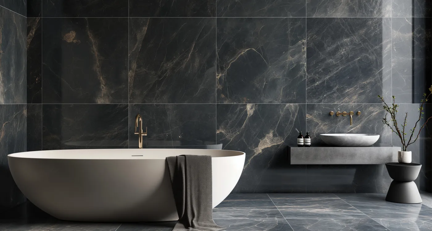 Modern bathroom with freestanding white bathtub, dark marble walls, floating sink, and minimalist decor.