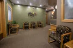 Modern waiting room with patterned chairs, green walls, carpeted floor, and abstract wall art under ceiling lights