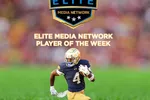 Football player Jeremiyah Love from Notre Dame named Elite Media Network Player of the Week with stats listed.