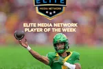 Oregon football player Dante Moore named Elite Media Network Player of the Week with stats displayed on field background.