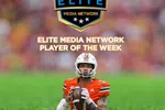 Carson Beck in Miami football uniform holding ball, Elite Media Network Player of the Week graphic overlay.