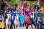 Four knights in colorful medieval armor on horses holding lances at a Renaissance fair jousting event.