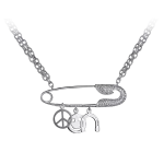 Pager to activate Large White Gold Safety Pin Necklace with Charms
