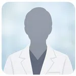 Silhouette of a person wearing a white lab coat and dark scrubs against a blue background.