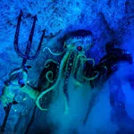 Cthulhu figure with glowing red eyes holding a trident amidst blue fog and web-like textures underwater.