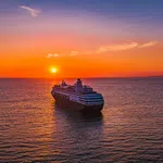 Large cruise ship sailing on calm ocean waters during vibrant orange sunset with clear sky.