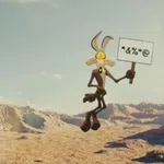 Cartoon coyote holds a sign with symbols in a desert canyon landscape under a clear sky.