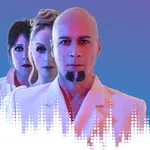 Three serious adults in white outfits with blue and pink lighting, arranged in a row against a blue background.