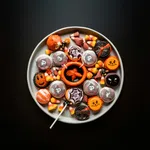 Plate of Halloween-themed cookies and candy corn on black background with orange and black decorations