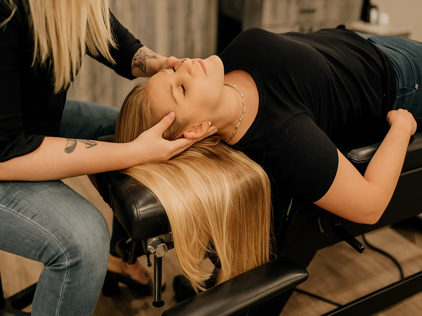 Woman receiving a relaxing head massage while lying on a black massage table with long blonde hair flowing down.